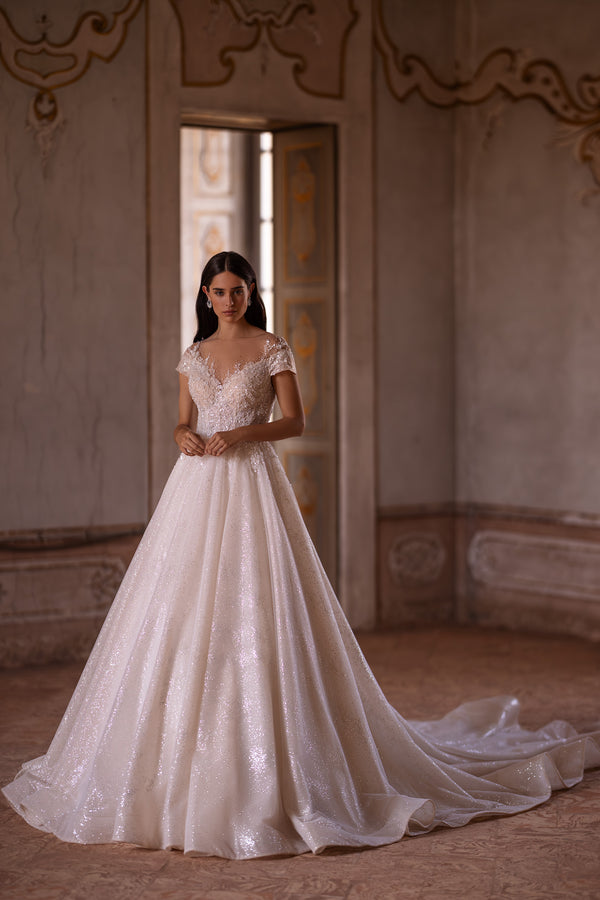 Sparkling Ballgown Wedding Dress with Short Sleeves, Buttons at the Back, and Cathedral Train