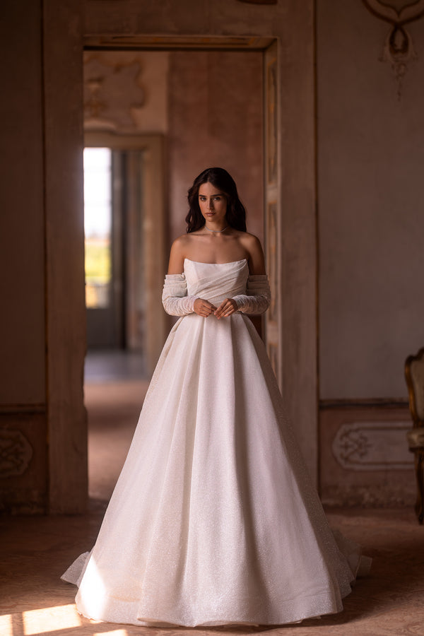 Gorgeous Ballgown Wedding Dress with Straight Neck, Sparkle Fabric, and Detachable Sleeves