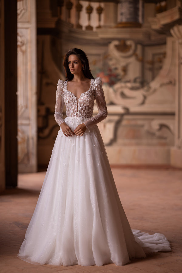 3D Lace Wedding Gown with Deep V-Neck, A-Line Tulle Skirt, and Long Sleeves