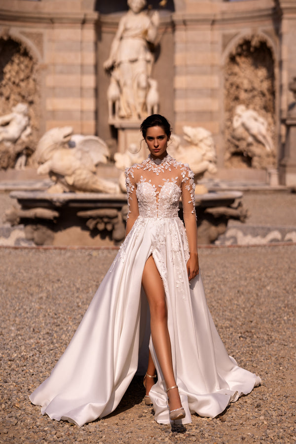 Elegant Bridal Gown - Nude Mesh with Lace, Deep V-Neck, A-Line Satin Skirt