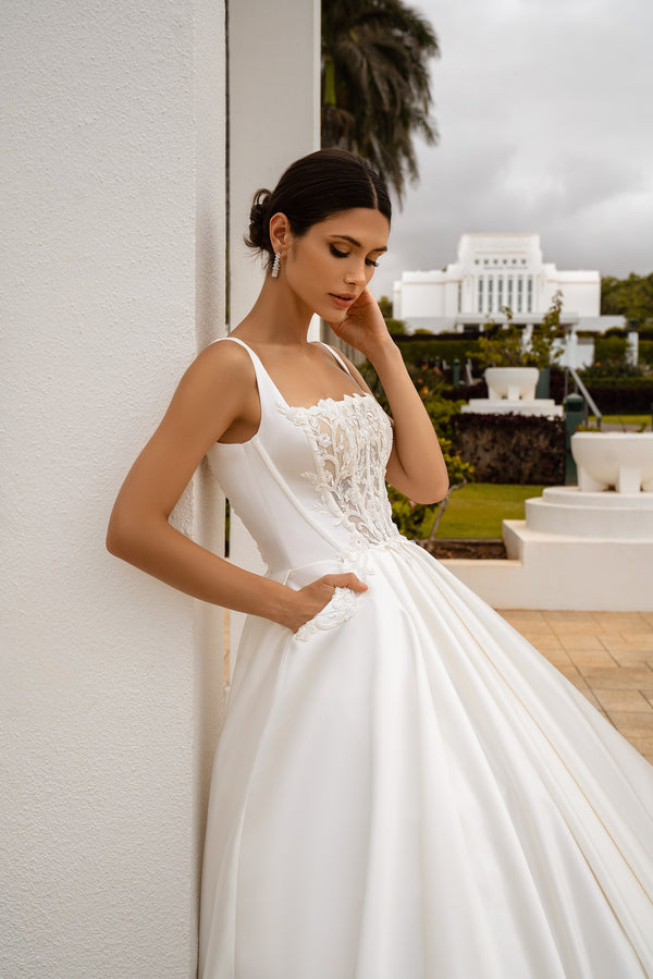 Classic Wedding Dress Minimalism Style - Royal Satin, Strapless, Plume Skirt, Train, Square Neckline, Guipure Embroidered with Beads & Sequins