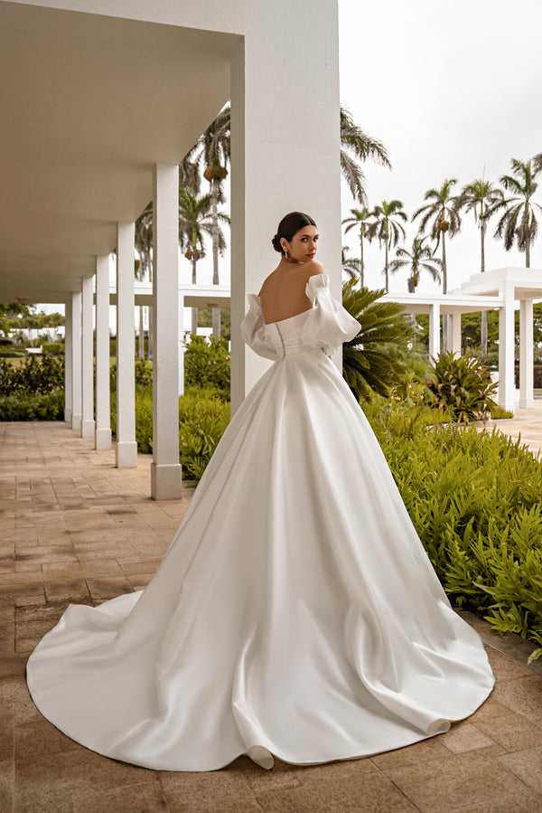Luxury Mikado Fabric Minimalism Style Wedding Dress with Embroidered Crystal Detachable Sleeves