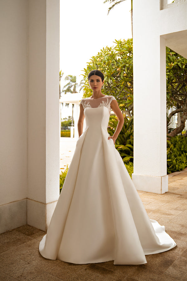 Elegant A-Line Wedding Gown with Open Shoulders and Pockets - Embellished with Appliques, Beads, Pearls, and Sequins