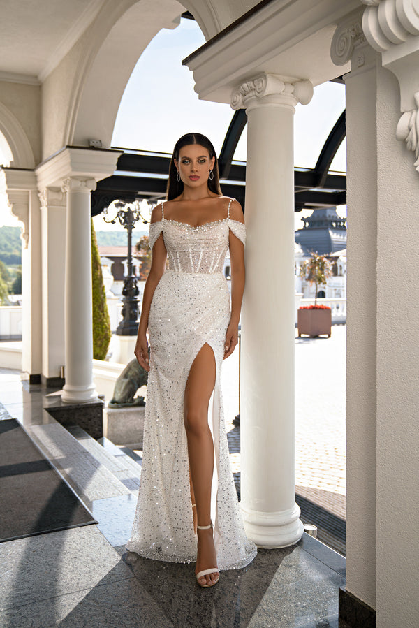 Romantic Wedding Dress with Godet Silhouette - Irresistible Look, Feminine Beauty, Detachable Mono-Strap, Translucent Bodice, Lace Drapery, Embroidered with Pearls & Stones