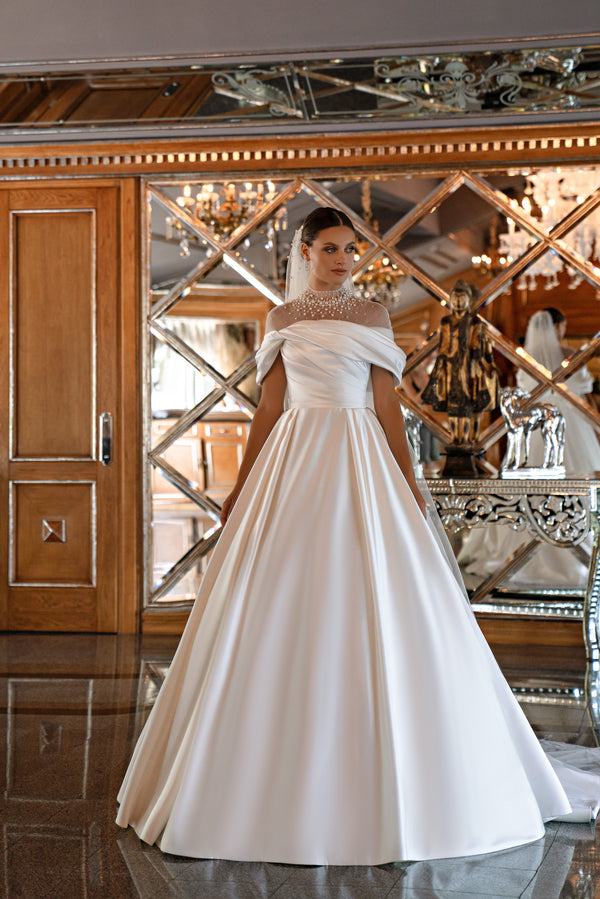 Elegant & Stunning Wedding Set for Modern Bride - Dress & Removable Bolero with Asymmetrical Drape & Pearl Buttons