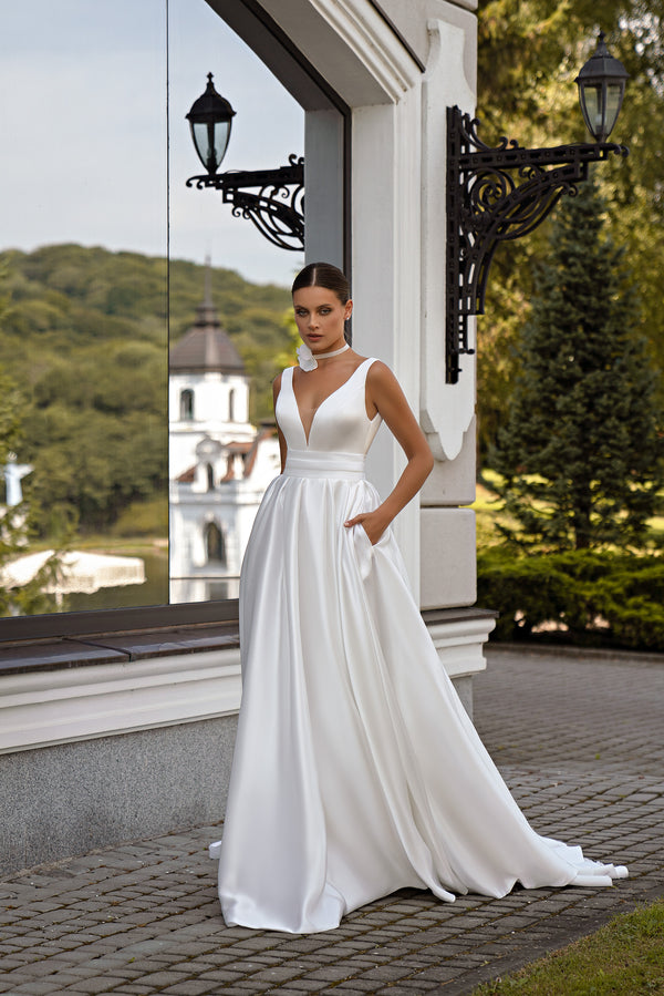 Elegant Strapless Wedding Dress with Train Skirt - Light Fabric, Corset Waist, Open & Sensual Cutout, Belt with Drapery, Pockets - Ultimate Comfort & Beauty