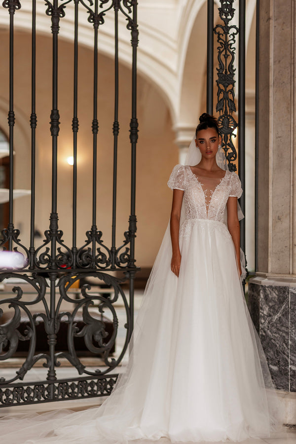 Gorgeous Guipure Wedding Dress with Embroidered Beaded Appliques, Puff Sleeves & Deep V-Neckline