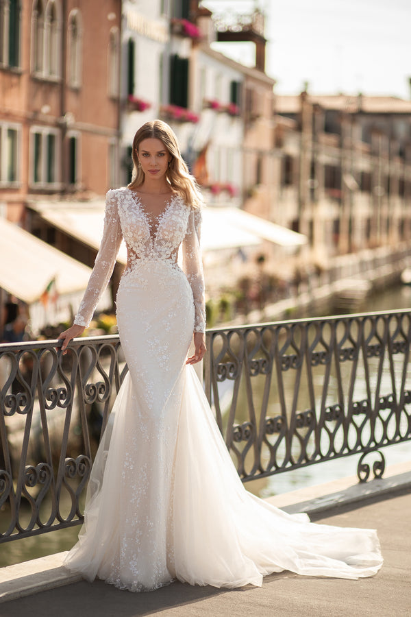 Luxurious Beaded Deep V-Neck Bridal Gown with Lace, Tulle Train, Long Sleeves, and Open Back