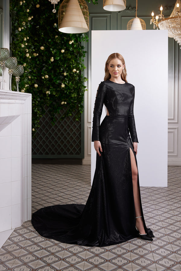 Elegant Evening Dress with Slit Skirt, Fit-and-Flare Silhouette, and Long Sleeves