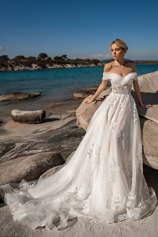 Off-the-Shoulder Sheath Wedding Dress with Beading and Cathedral Train