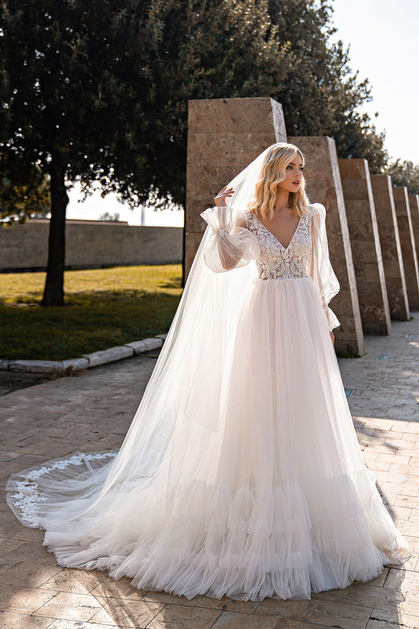 V-Neck Tulle Sheath Wedding Dress with Sweep Train and Long Sleeves