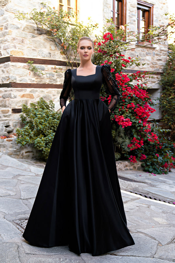 Women's Black Satin Party Dress with Long Sleeves and V-Back