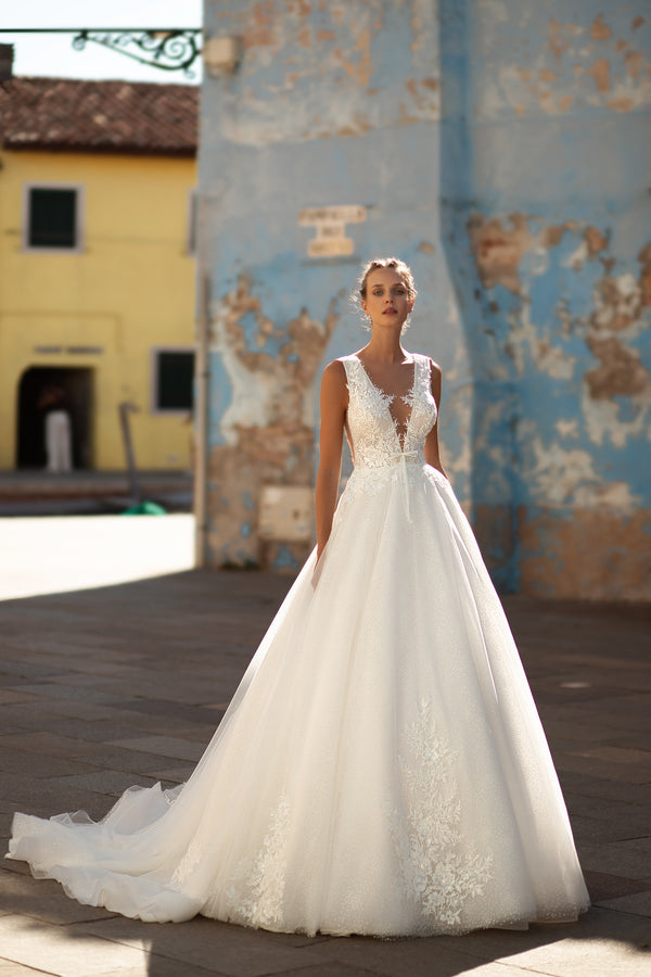 Beautiful A-Line V-Neck Sleeveless Lace Wedding Dress with Sequins Beading and Cathedral Train