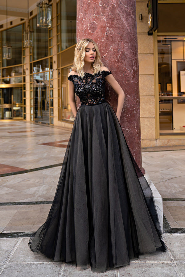 Women's Black Party Dress with Tulle Skirt and Lace Accents