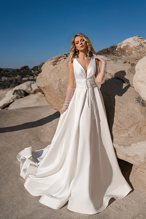 Beautiful A-Line Wedding Dress with Open Back and Chapel Train in Crepe Fabric