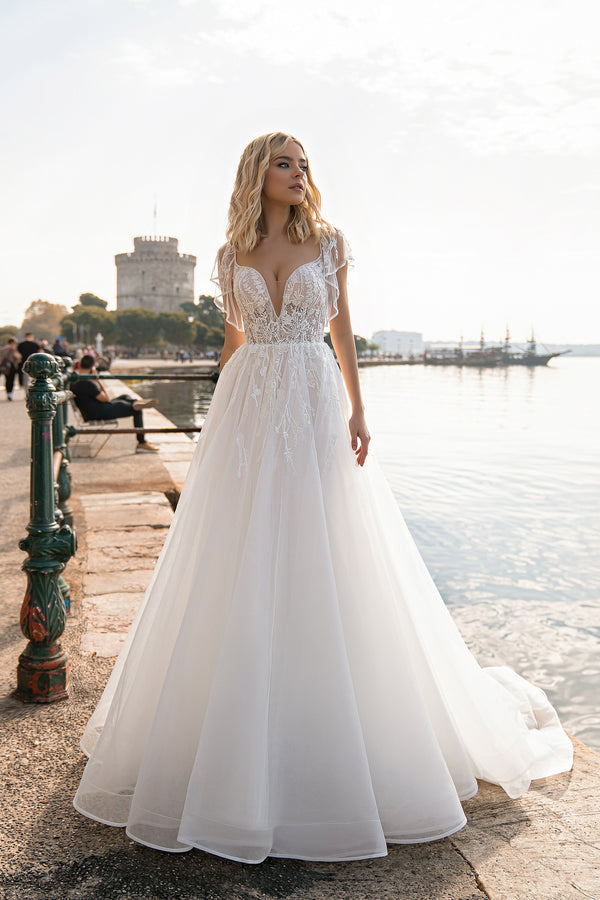 Beautiful Tulle A-line Wedding Dress with Short Sleeves and Cathedral Train