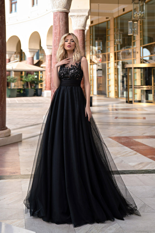 Women's Black Prom Dress with Slit Skirt, Lace and Sequins
