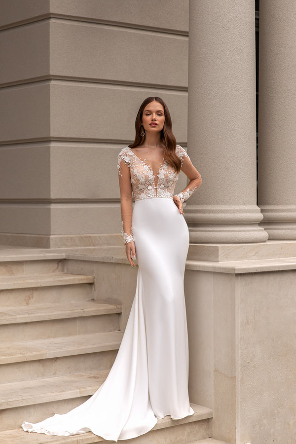 Elegant V-Neck Wedding Dress with Mermaid Silhouette and Illusion Sleeves