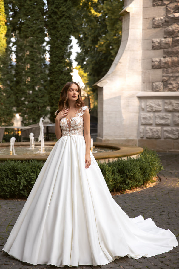 A-Line Deep V-Neck Satin Bridal Dress with Lace and Buttons Along Skirt