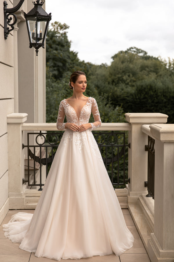 A-Line Deep V-Neck Bridal Dress with Tulle, Decorated Back, Long Sleeves, and Lace Top