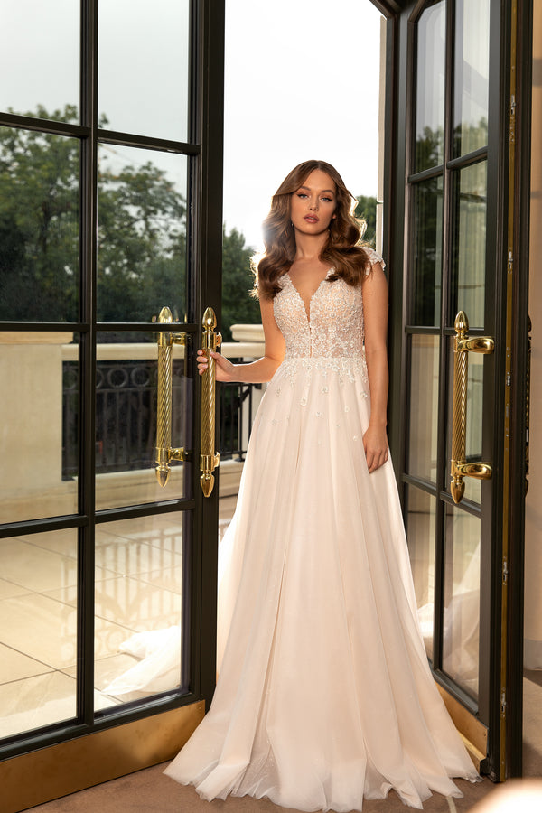 Elegant Bridal Gown with Minimalist Deep V-Neck, Closed Lace Back and Buttons Back