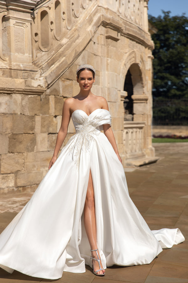 Sweetheart Neck A-Line Strapless Bridal Dress with Slit Skirt and One Shoulder