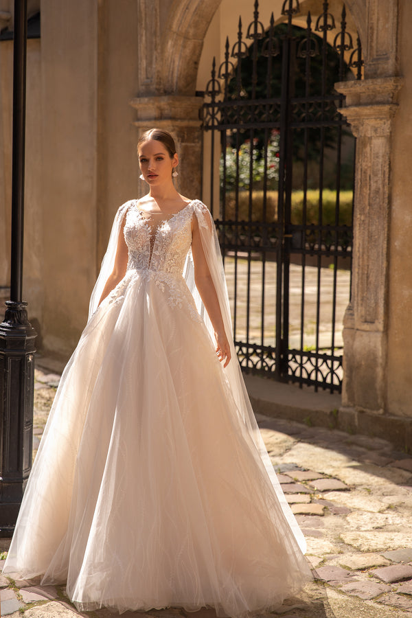 Elegant A-Line Tulle Bridal Dress with Long Wings, Deep V-Neck, and Lace Top