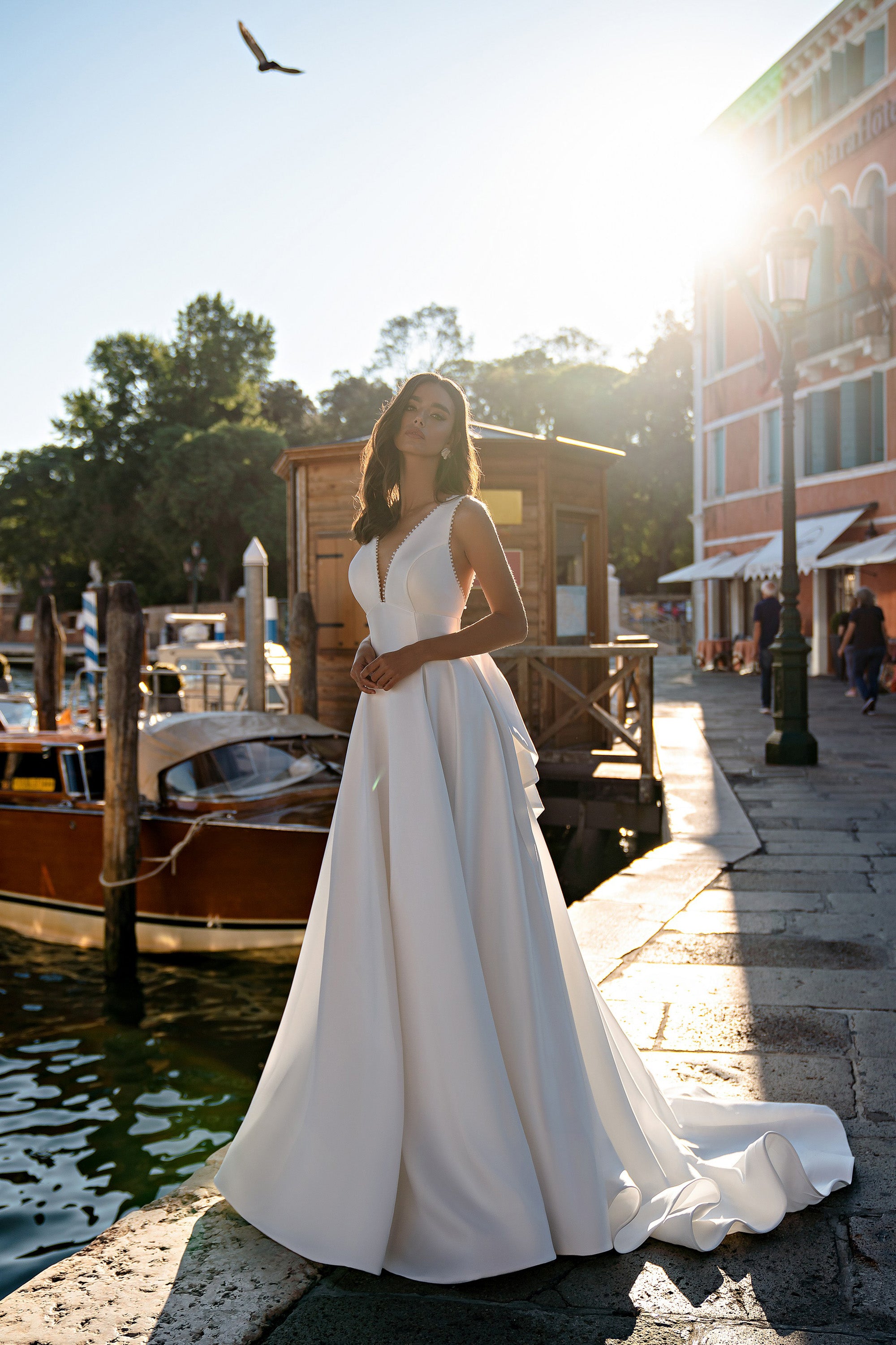 A-Line Wedding Dress with Deep V-Neckline and Pearl Trim
