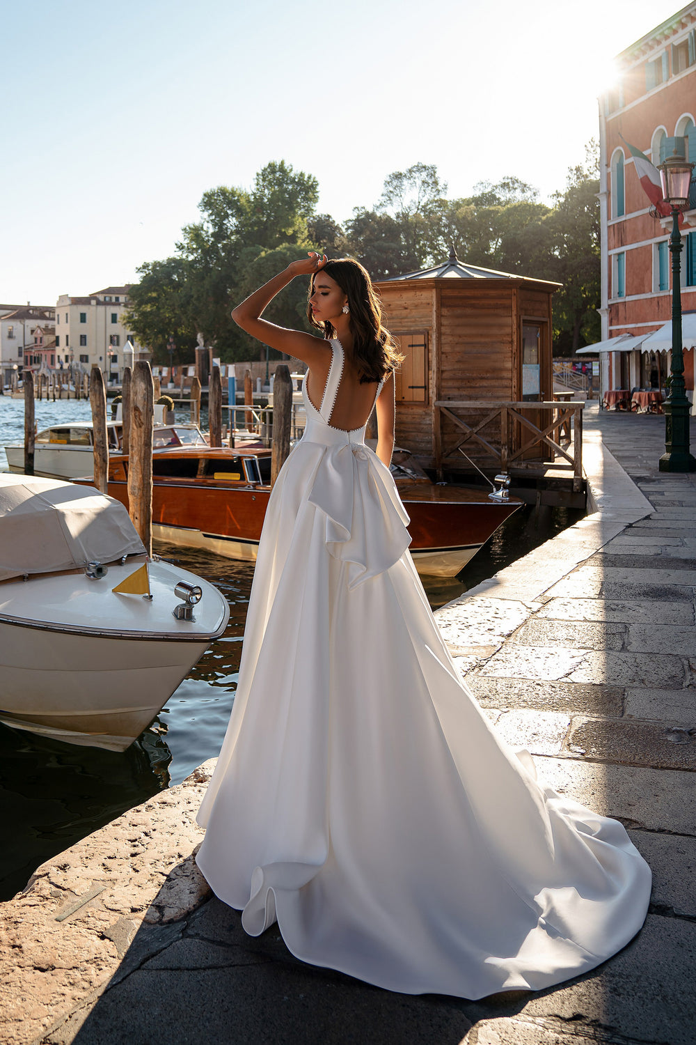 A-Line Wedding Dress with Deep V-Neckline and Pearl Trim