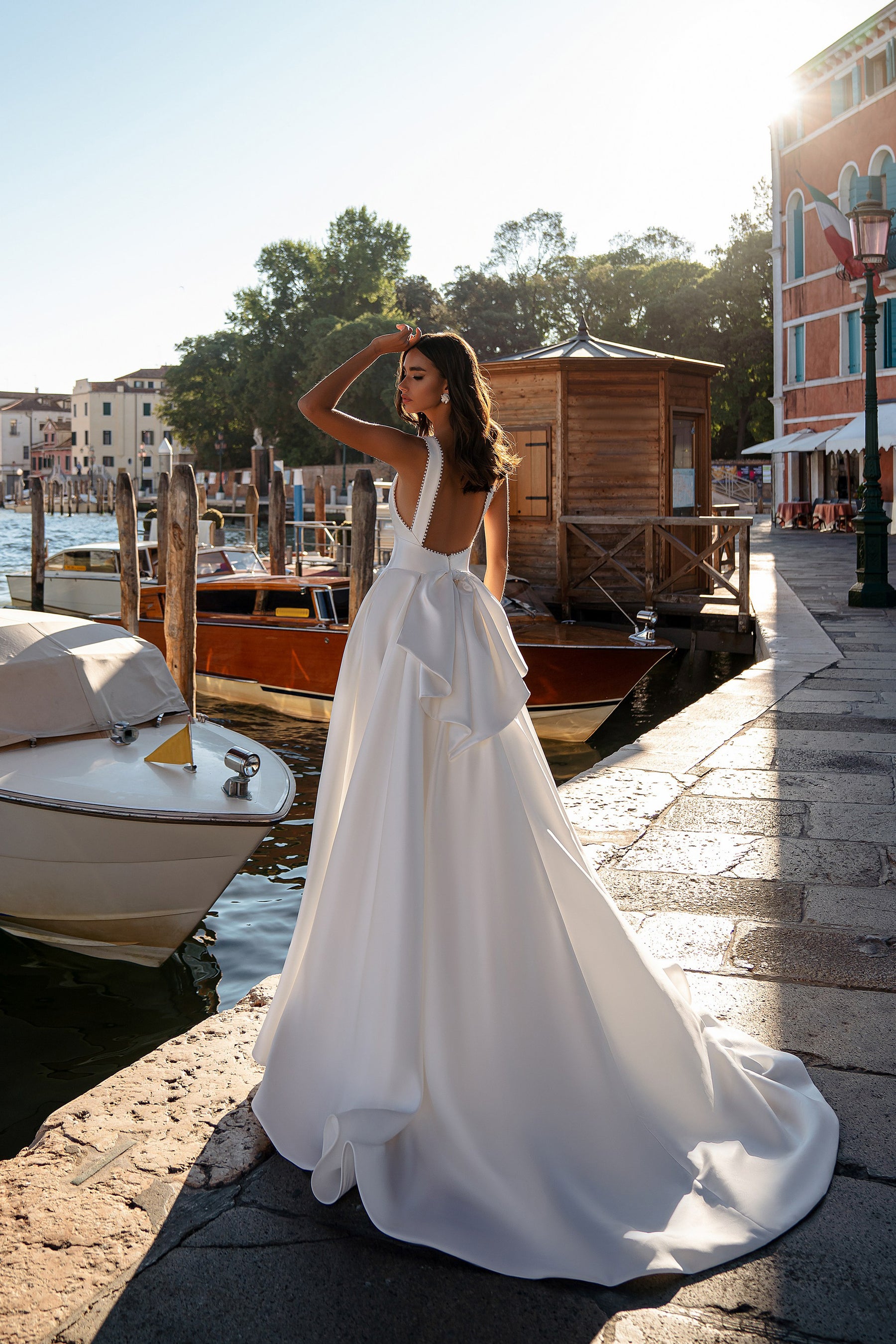 A-Line Wedding Dress with Deep V-Neckline and Pearl Trim
