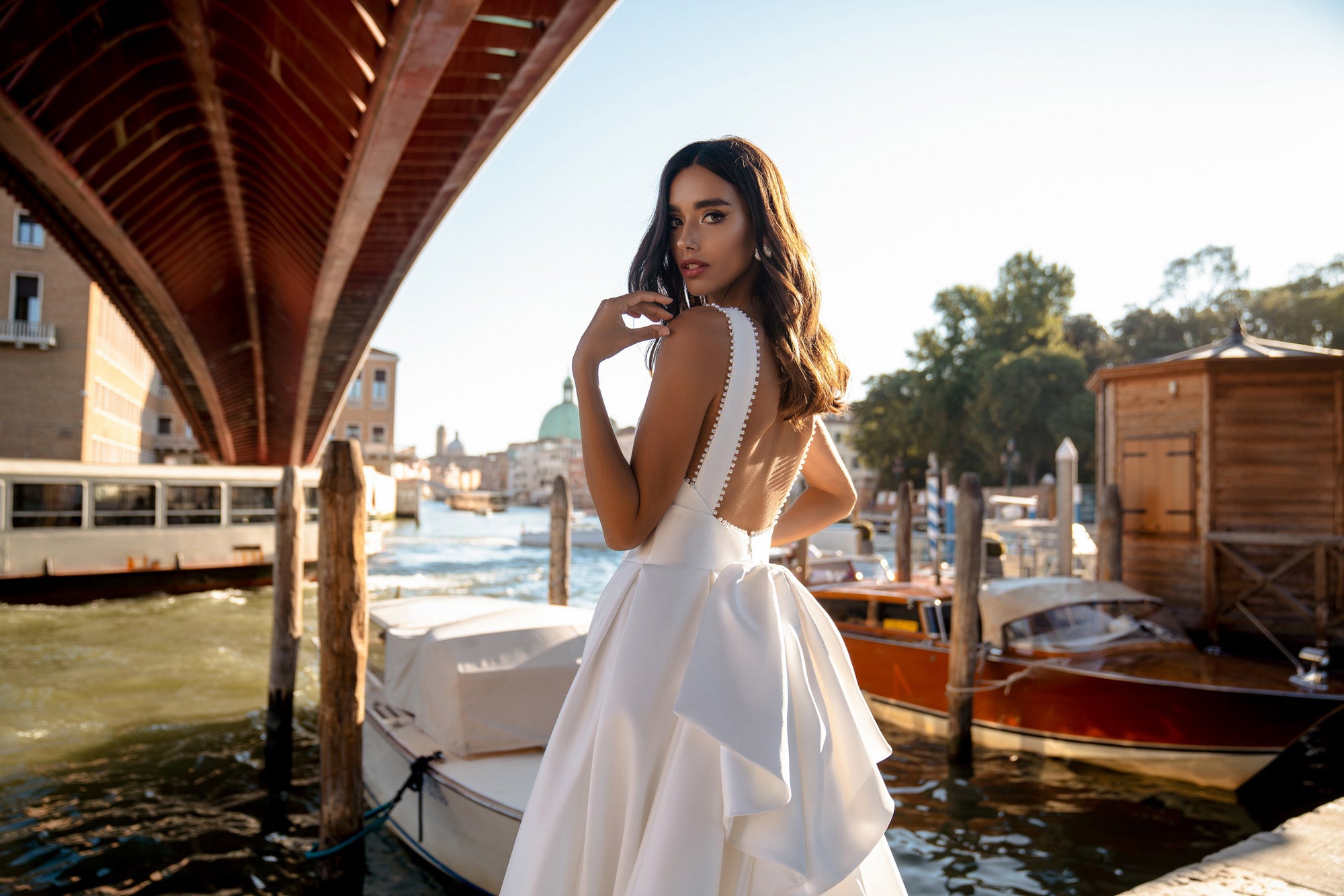 A-Line Wedding Dress with Deep V-Neckline and Pearl Trim