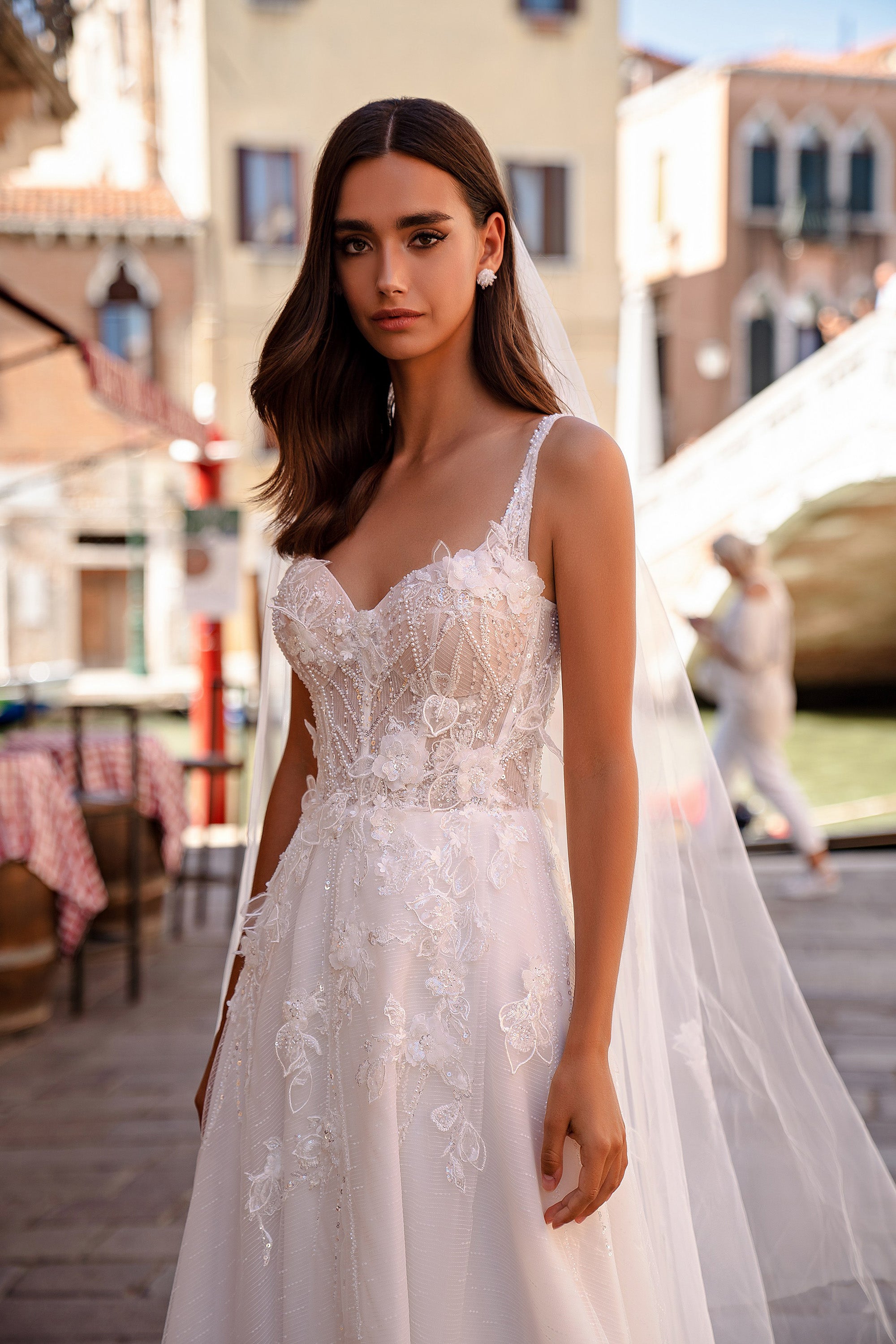 A-Line Wedding Dress with Floral Appliqués and High Slit