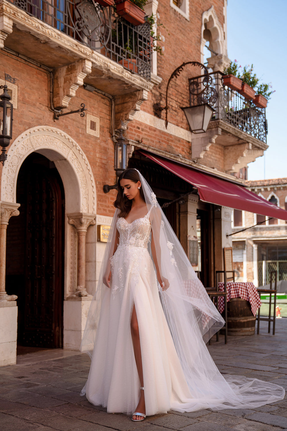 A-Line Wedding Dress with Floral Appliqués and High Slit