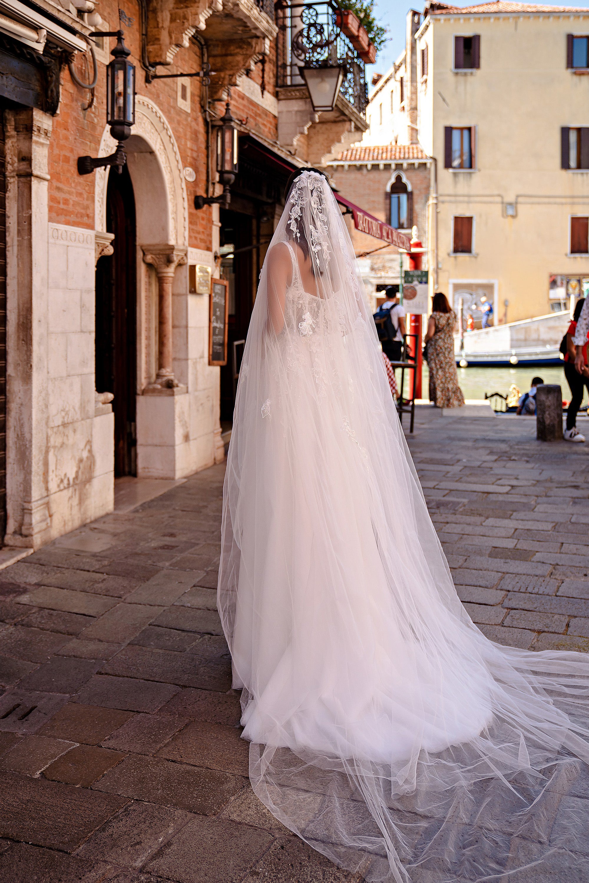 A-Line Wedding Dress with Floral Appliqués and High Slit