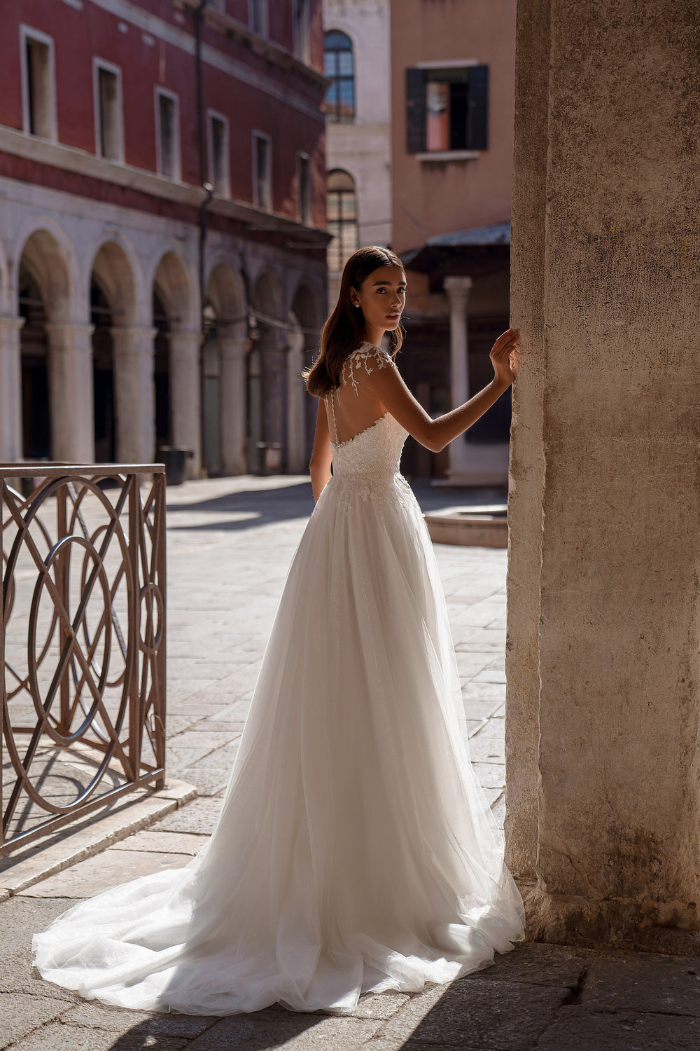 A-Line Wedding Dress with Illusion Floral Bodice and Tulle Skirt