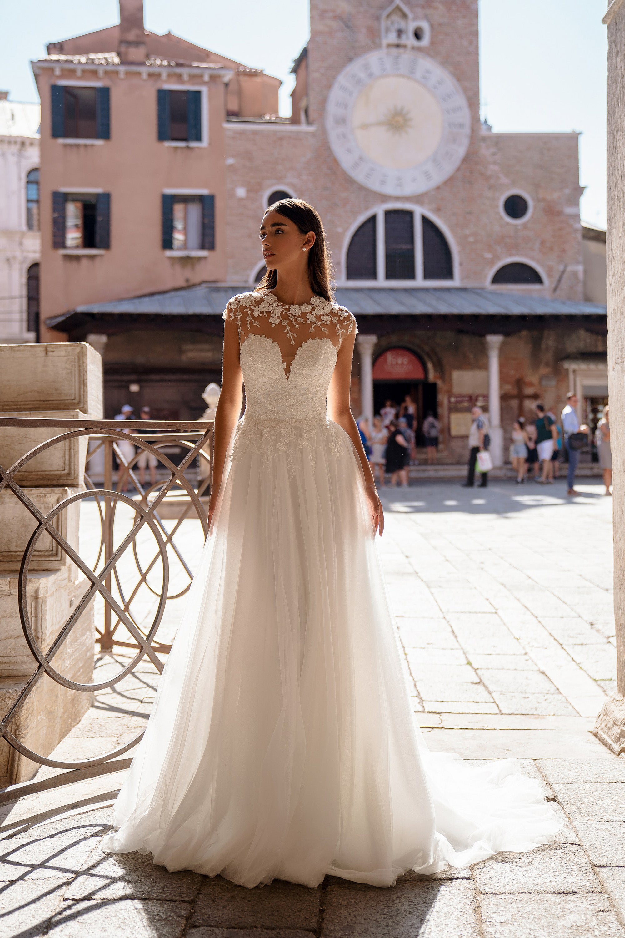 A-Line Wedding Dress with Illusion Floral Bodice and Tulle Skirt
