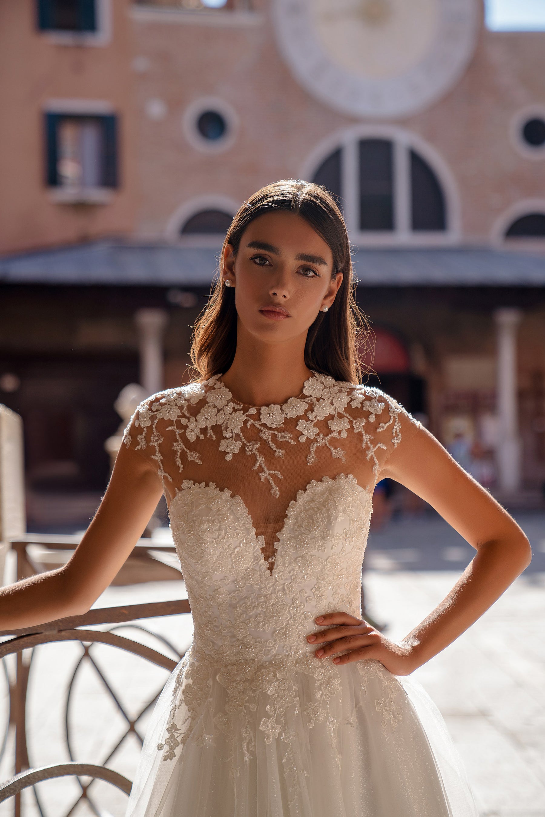 A-Line Wedding Dress with Illusion Floral Bodice and Tulle Skirt