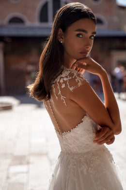 A-Line Wedding Dress with Illusion Floral Bodice and Tulle Skirt