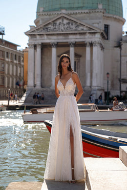 A-Line Wedding Dress with Beaded Lace Bodice and High Slit