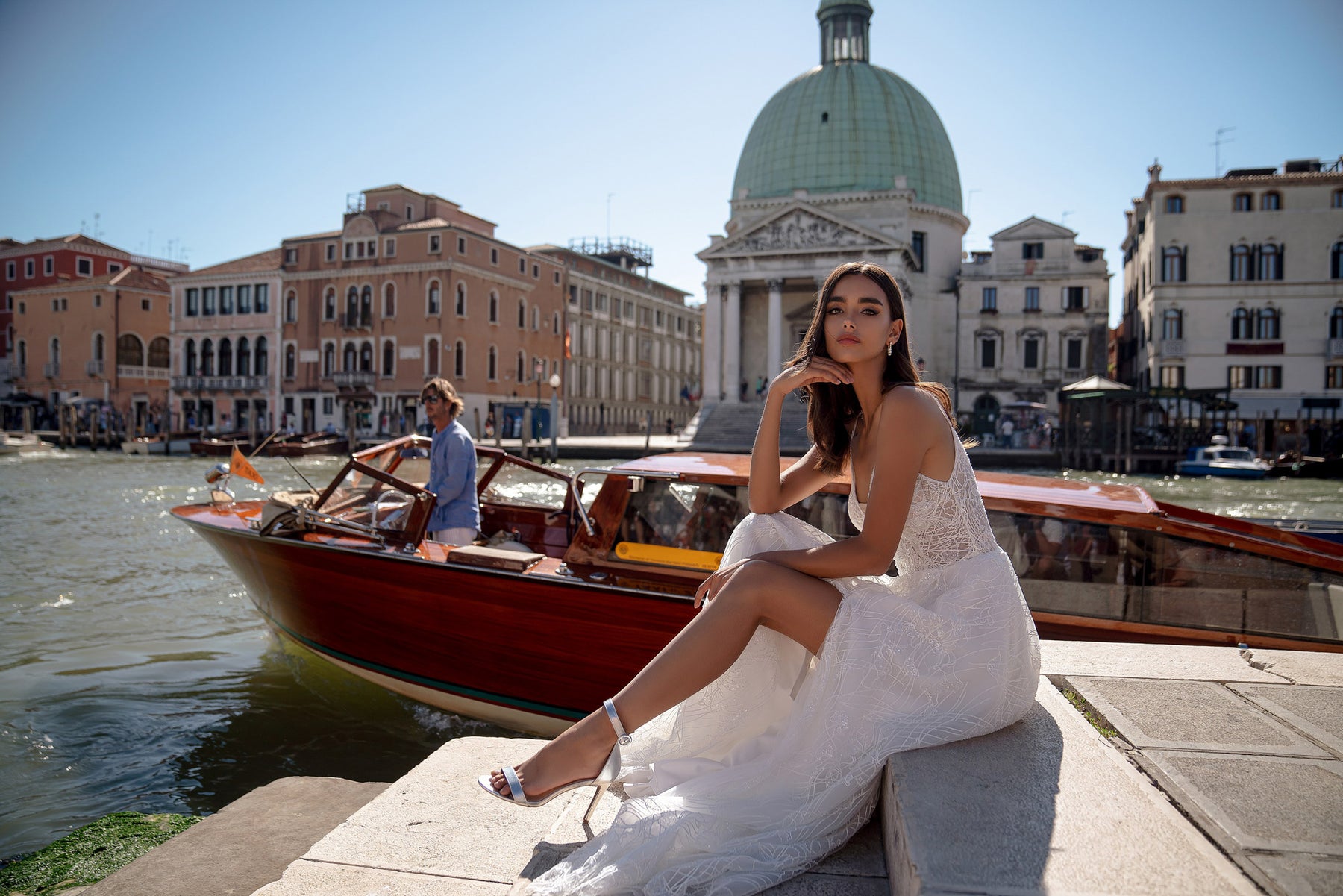 A-Line Wedding Dress with Beaded Lace Bodice and High Slit