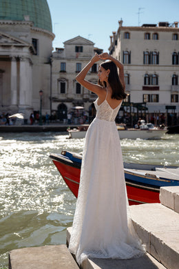 A-Line Wedding Dress with Beaded Lace Bodice and High Slit