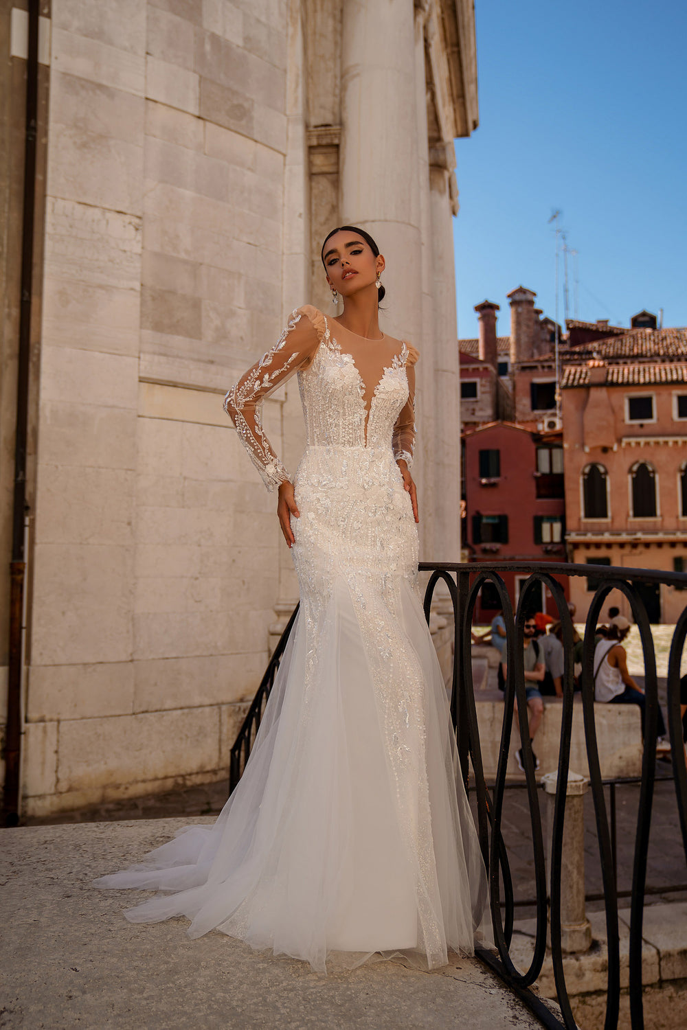 Mermaid Wedding Dress with Illusion Sleeves and Beaded Lace