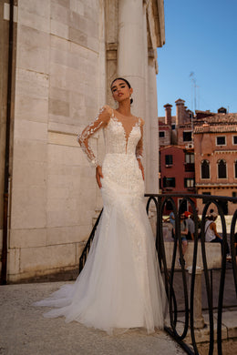 Mermaid Wedding Dress with Illusion Sleeves and Beaded Lace