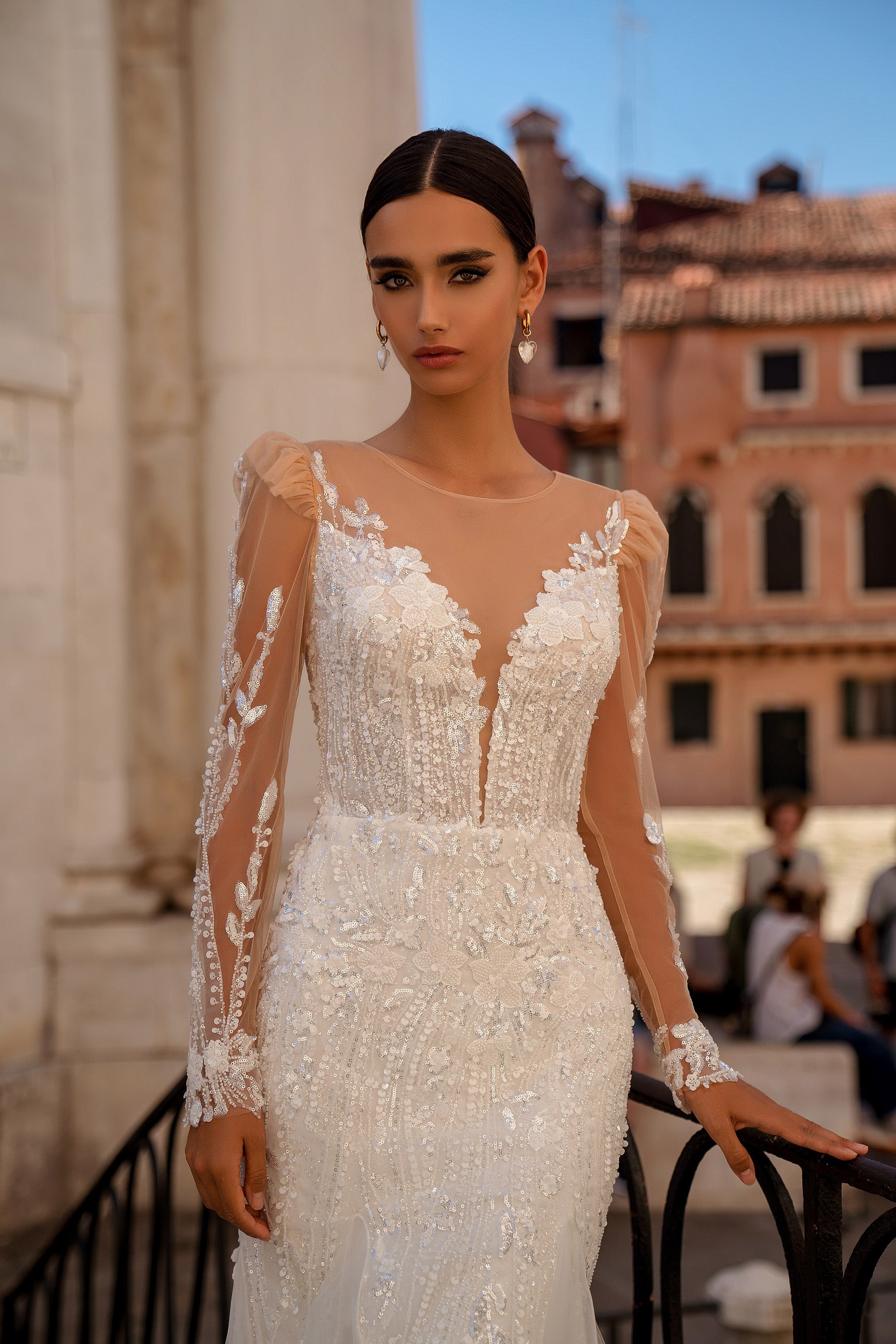 Mermaid Wedding Dress with Illusion Sleeves and Beaded Lace