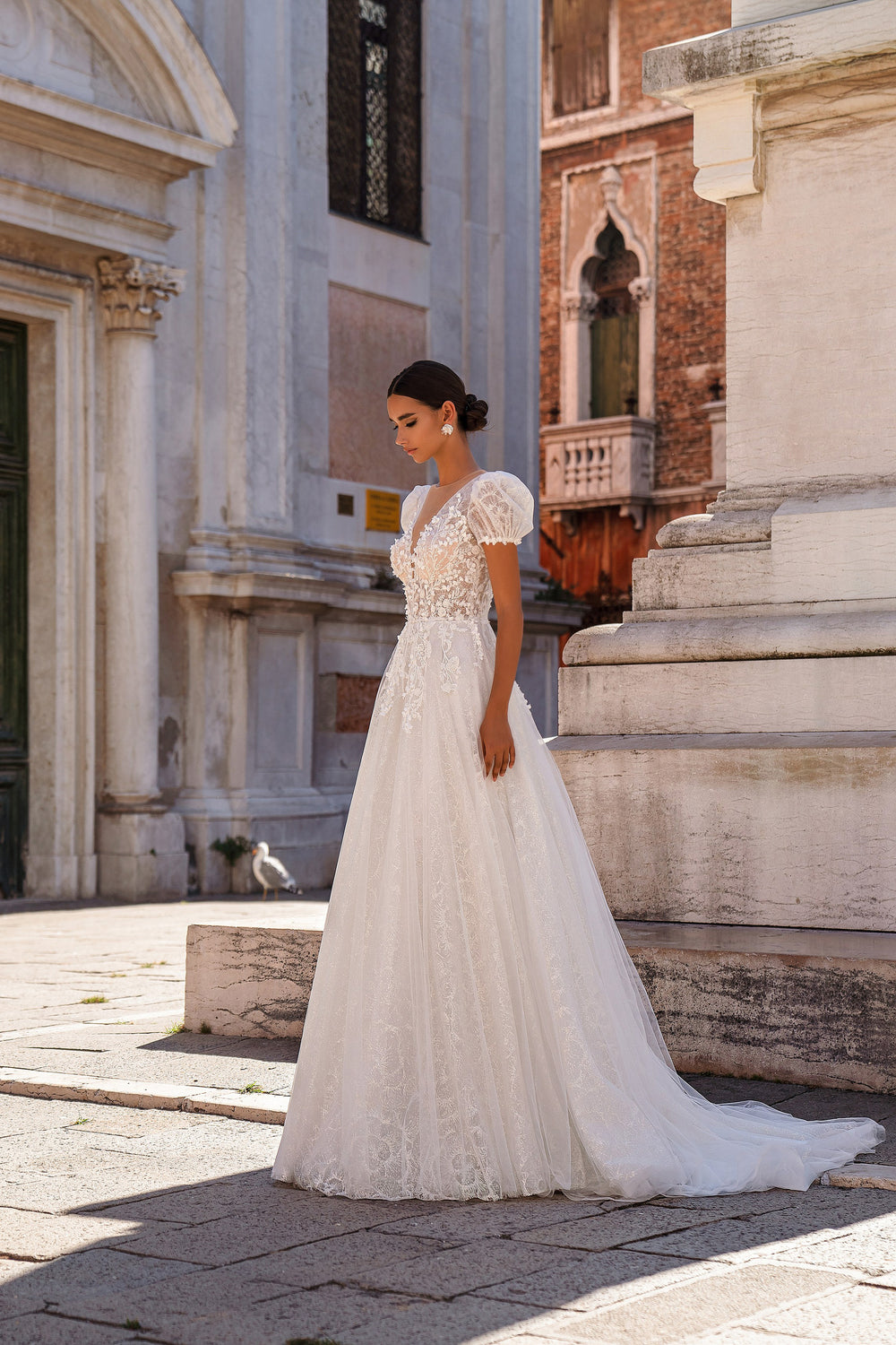 A-Line Wedding Dress with Puff Sleeves and Illusion Bodice