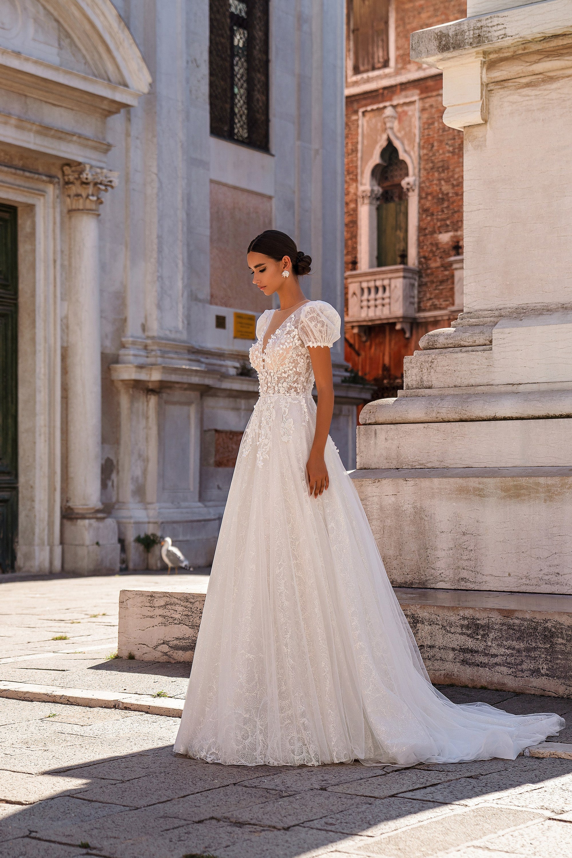 A-Line Wedding Dress with Puff Sleeves and Illusion Bodice