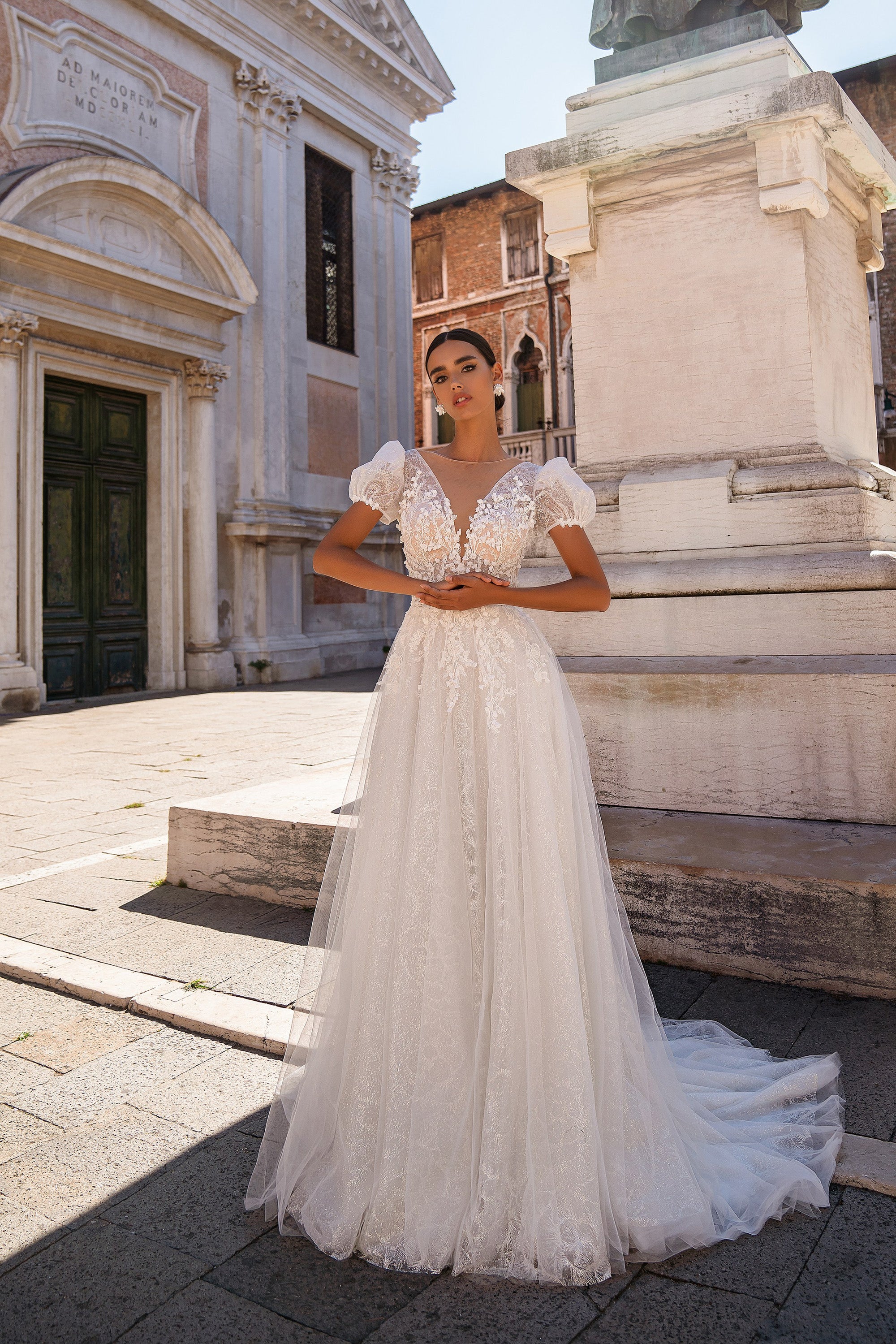 A-Line Wedding Dress with Puff Sleeves and Illusion Bodice