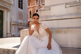 A-Line Wedding Dress with Puff Sleeves and Illusion Bodice