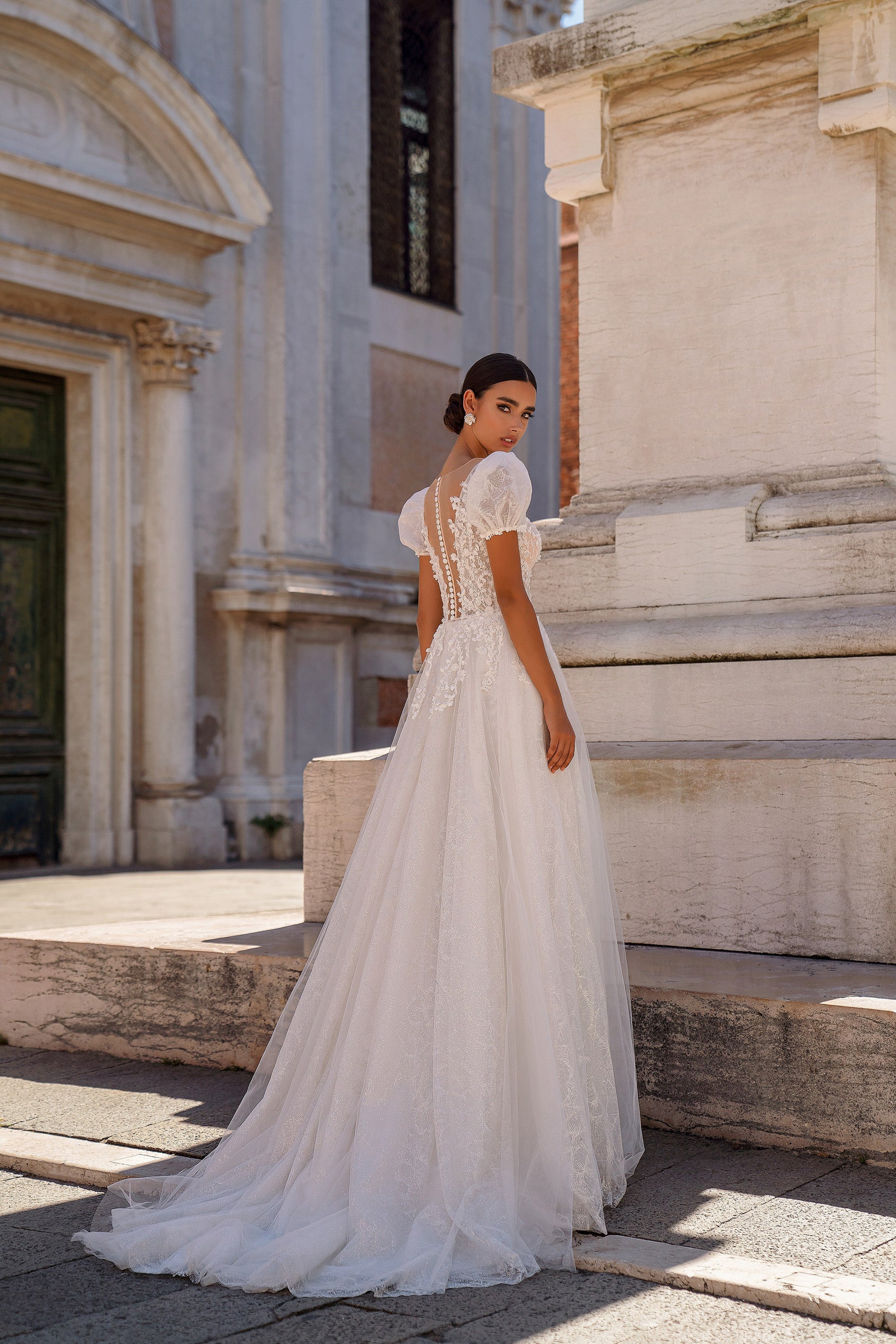 A-Line Wedding Dress with Puff Sleeves and Illusion Bodice