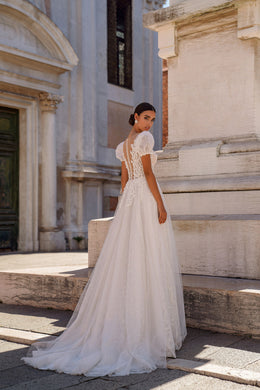 A-Line Wedding Dress with Puff Sleeves and Illusion Bodice
